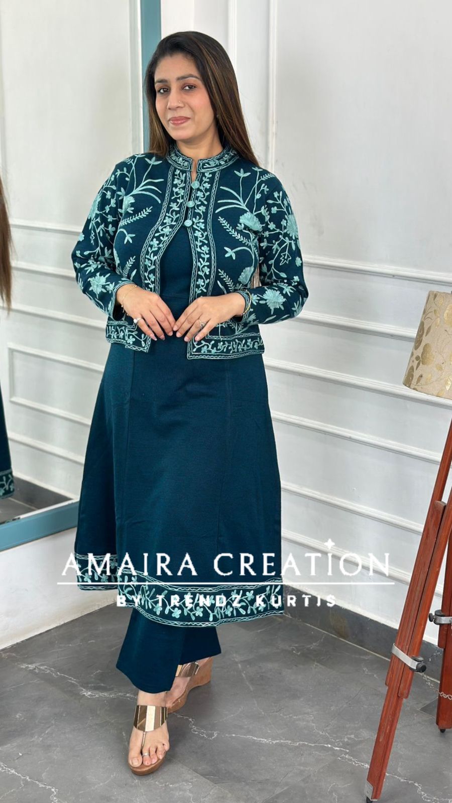 Premium Woolen Kashmiri Embroidered Three Pc Jacket Set