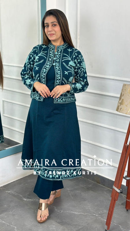 Premium Woolen Kashmiri Embroidered Three Pc Jacket Set