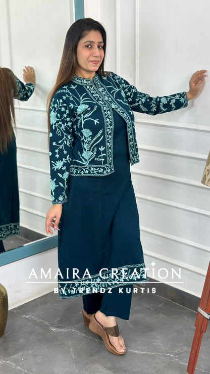 Premium Woolen Kashmiri Embroidered Three Pc Jacket Set