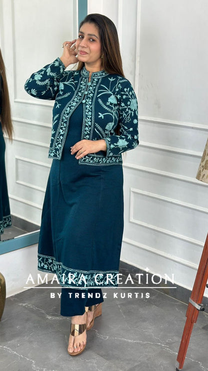 Premium Woolen Kashmiri Embroidered Three Pc Jacket Set
