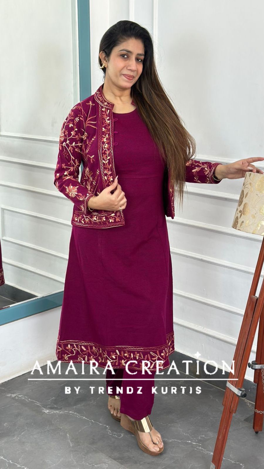 Premium Woolen Kashmiri Embroidered Three Pc Jacket Set