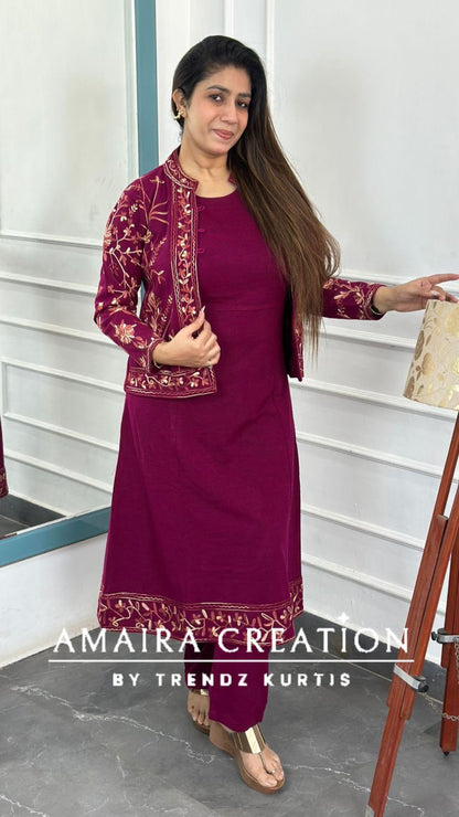 Premium Woolen Kashmiri Embroidered Three Pc Jacket Set