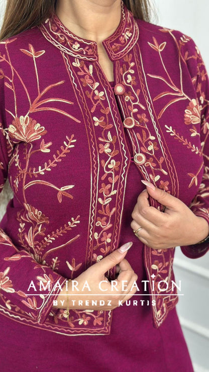 Premium Woolen Kashmiri Embroidered Three Pc Jacket Set