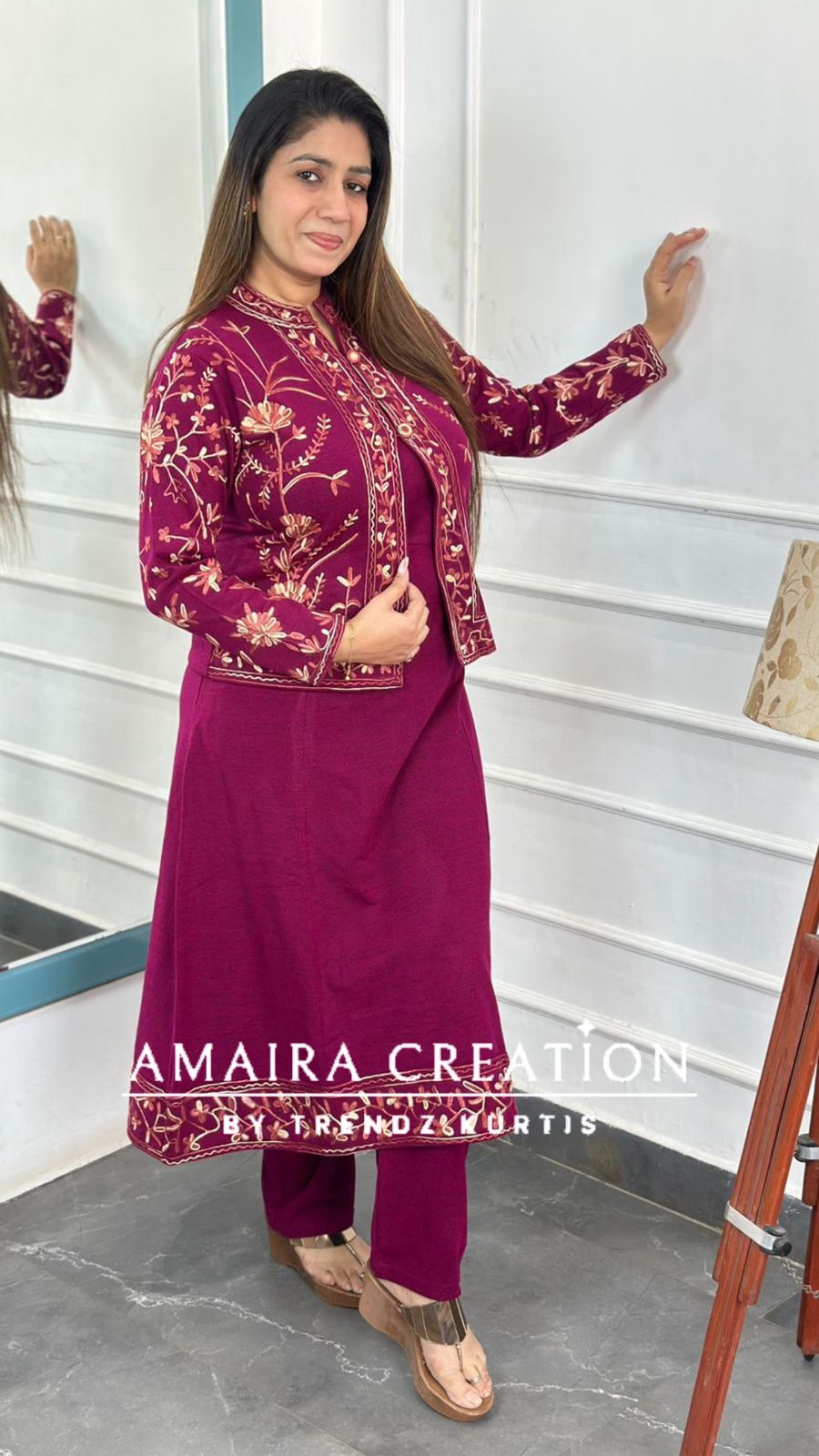 Premium Woolen Kashmiri Embroidered Three Pc Jacket Set