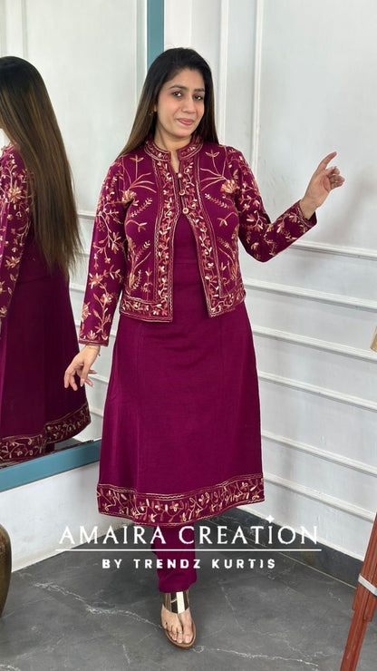 Premium Woolen Kashmiri Embroidered Three Pc Jacket Set
