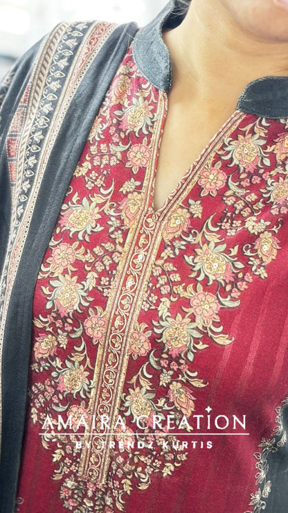 Premium Karachi Woolen Maroon Grey Pant Set