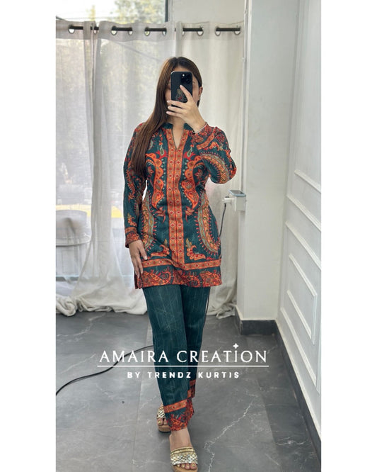 Premium Karachi Floral Print Green Color Cord Set