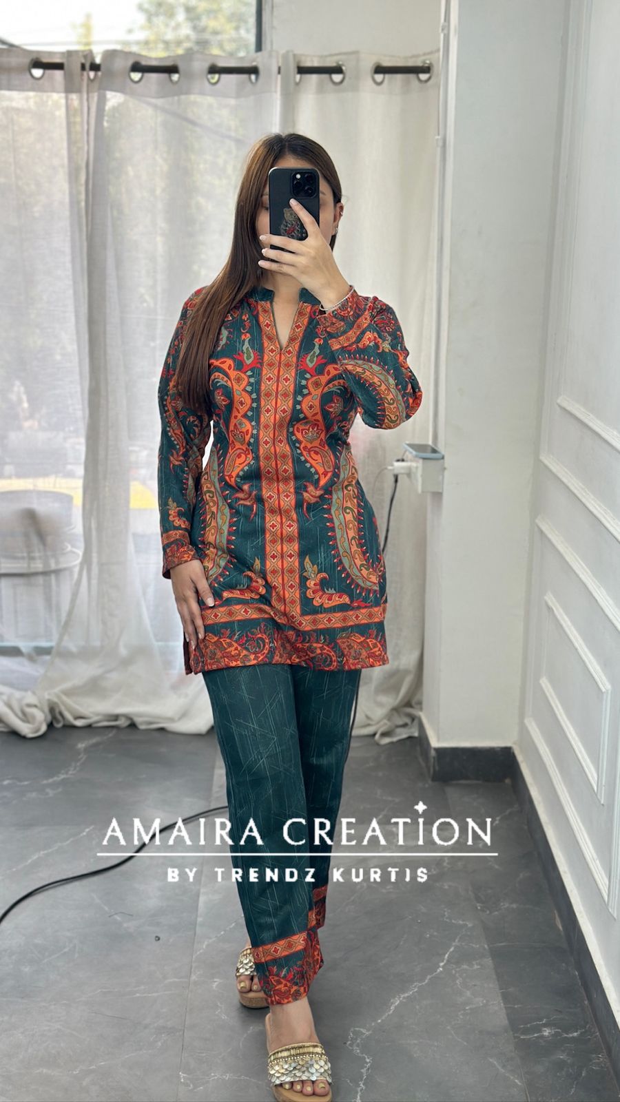 Premium Karachi Floral Print Green Color Cord Set