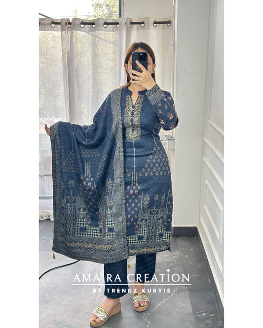 Premium Karachi Woolen Blue Pant Set