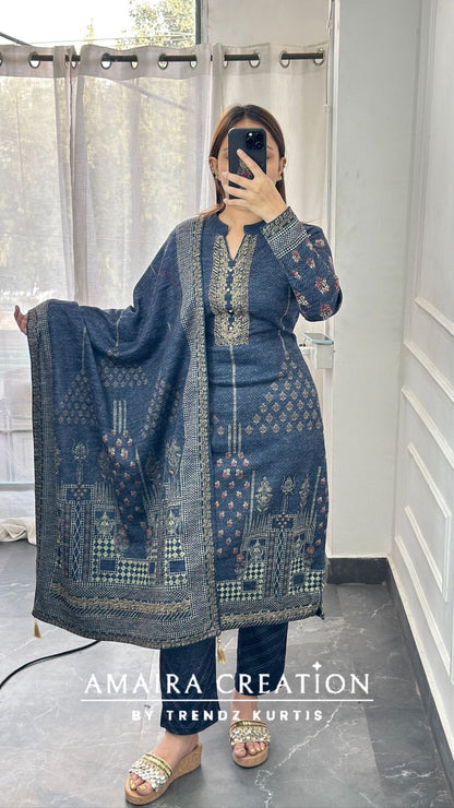 Premium Karachi Woolen Blue Pant Set