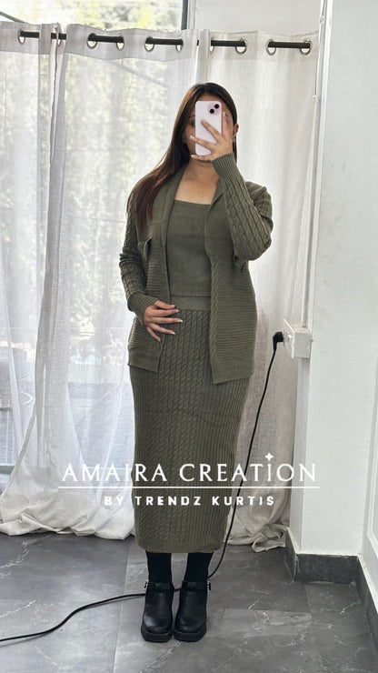 Premium Woolen Three Pc Skirt Set Free Size (Upto 42 chest)