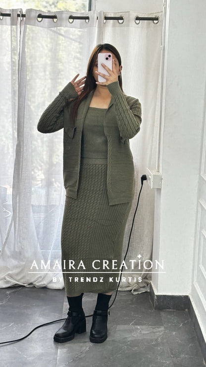 Premium Woolen Three Pc Skirt Set Free Size (Upto 42 chest)