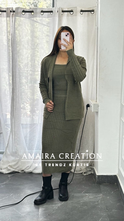 Premium Woolen Three Pc Skirt Set Free Size (Upto 42 chest)