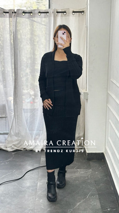 Premium Woolen Three Pc Skirt Set Free Size (Upto 42 chest)