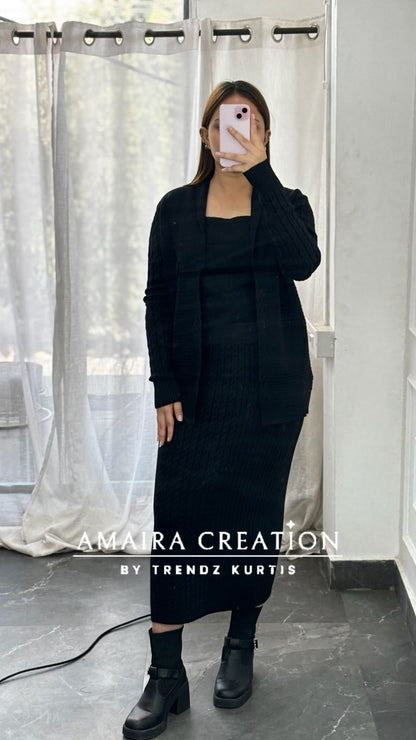 Premium Woolen Three Pc Skirt Set Free Size (Upto 42 chest)