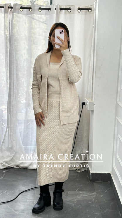 Premium Woolen Three Pc Skirt Set Free Size (Upto 42 chest)