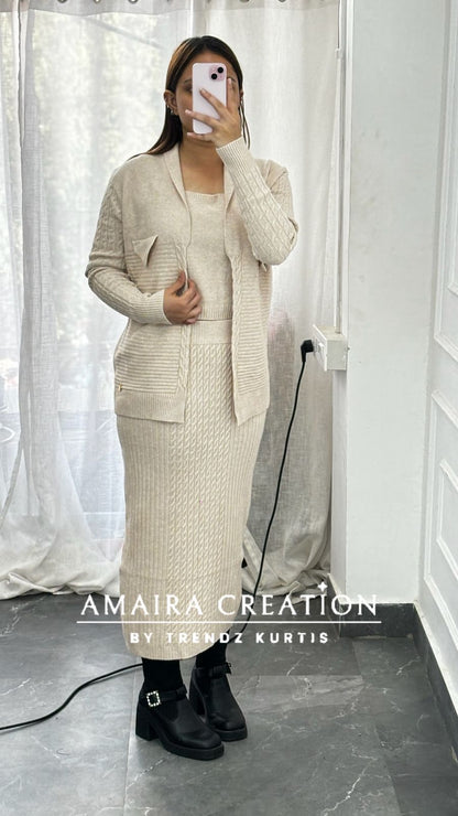 Premium Woolen Three Pc Skirt Set Free Size (Upto 42 chest)