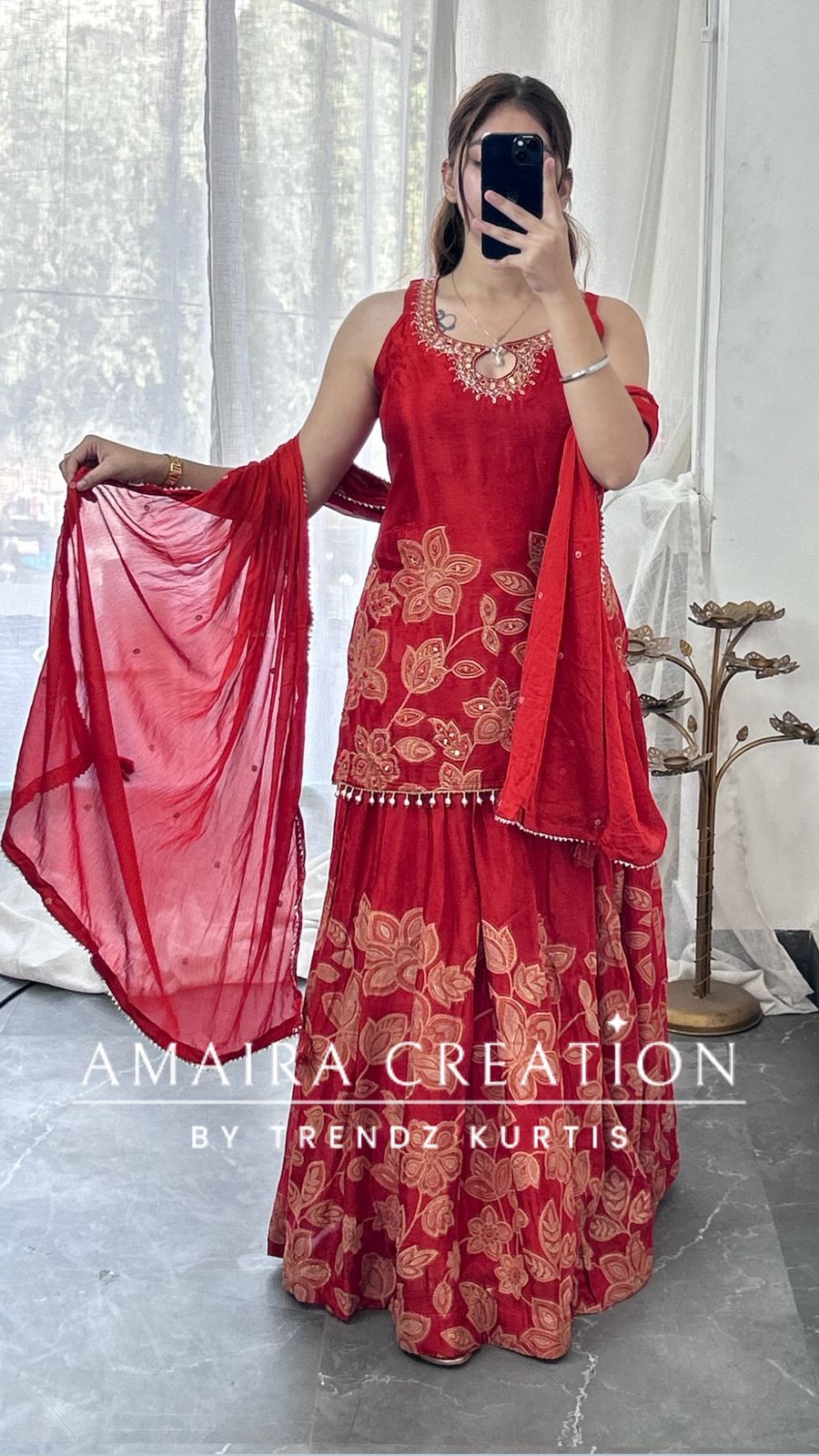 Premium Chinnon Rust Colour Skirt Set(17 inches sleeves available)