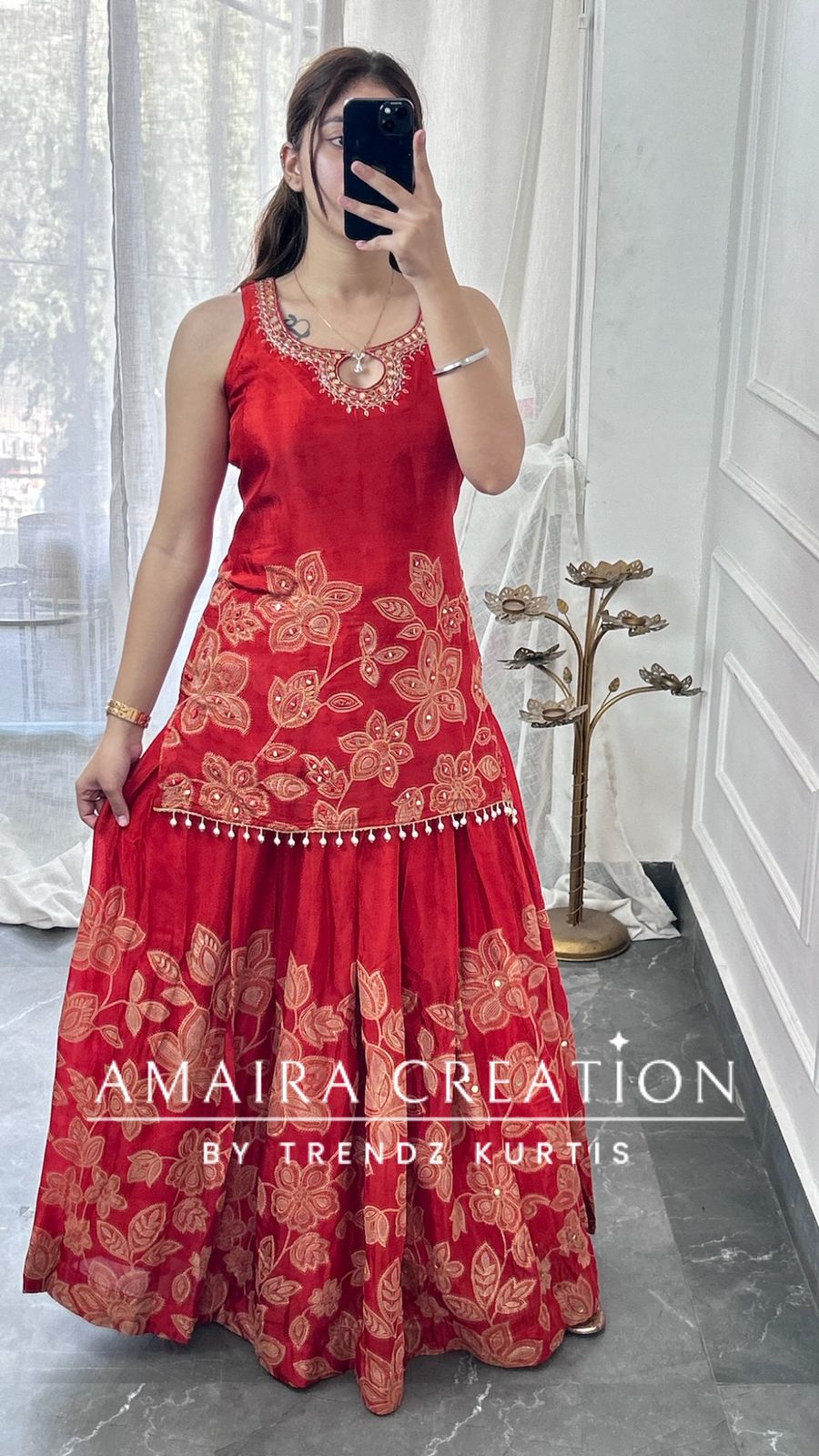 Premium Chinnon Rust Colour Skirt Set(17 inches sleeves available)