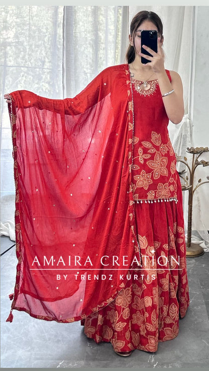 Premium Chinnon Rust Colour Skirt Set(17 inches sleeves available)