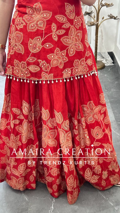 Premium Chinnon Rust Colour Skirt Set(17 inches sleeves available)