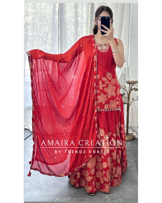 Premium Chinnon Rust Colour Skirt Set(17 inches sleeves available)