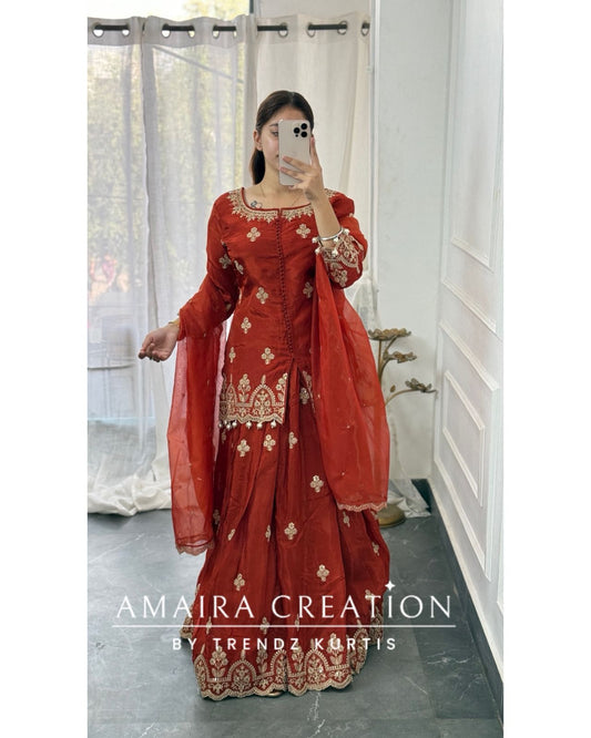 Premium Crepe Rust Colour Skirt Set