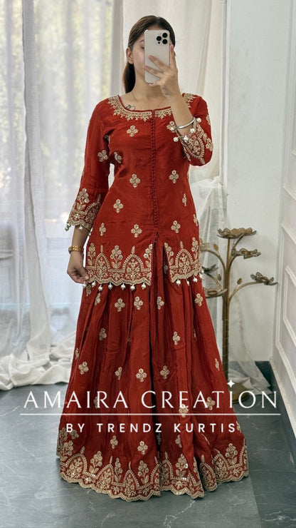 Premium Crepe Rust Colour Skirt Set