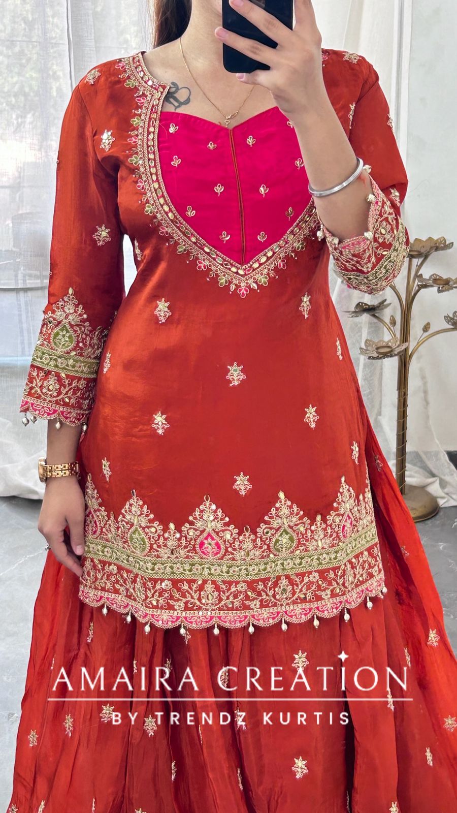 Premium Crepe Burster Neck Design Skirt Set With Beautiful Oragnaza Dual Shade Dupatta