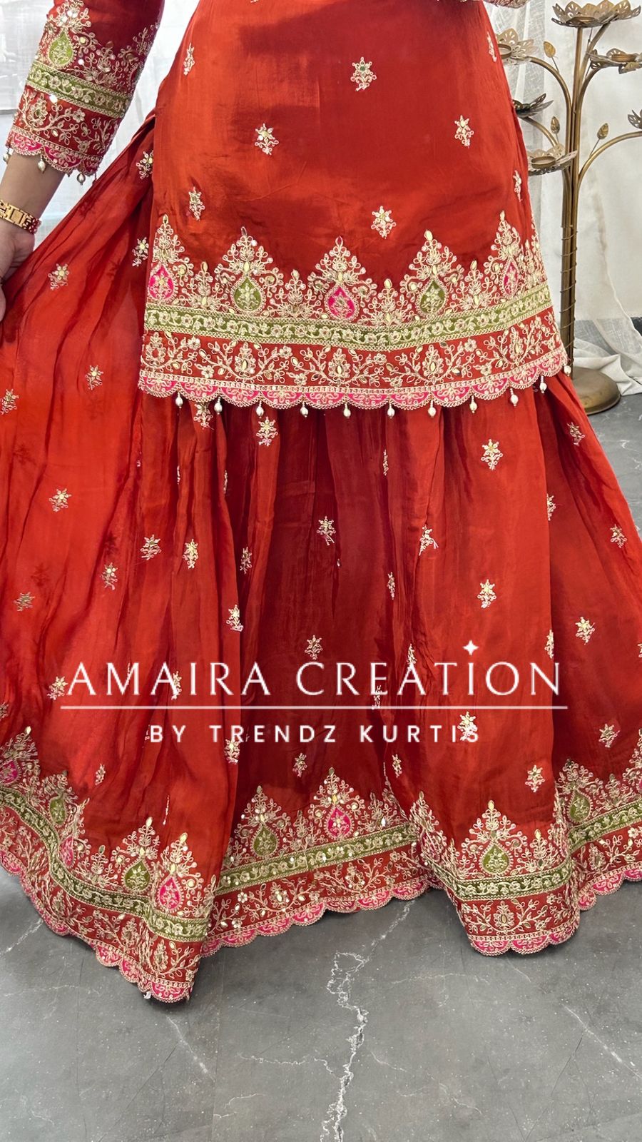 Premium Crepe Burster Neck Design Skirt Set With Beautiful Oragnaza Dual Shade Dupatta