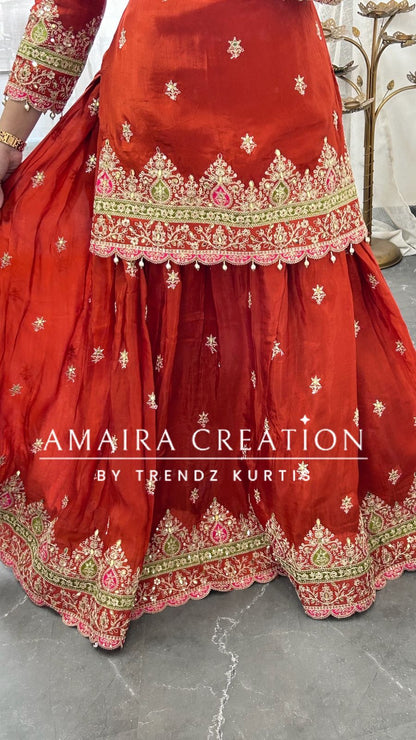 Premium Crepe Burster Neck Design Skirt Set With Beautiful Oragnaza Dual Shade Dupatta