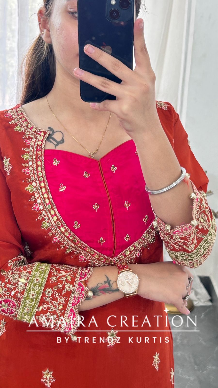 Premium Crepe Burster Neck Design Skirt Set With Beautiful Oragnaza Dual Shade Dupatta