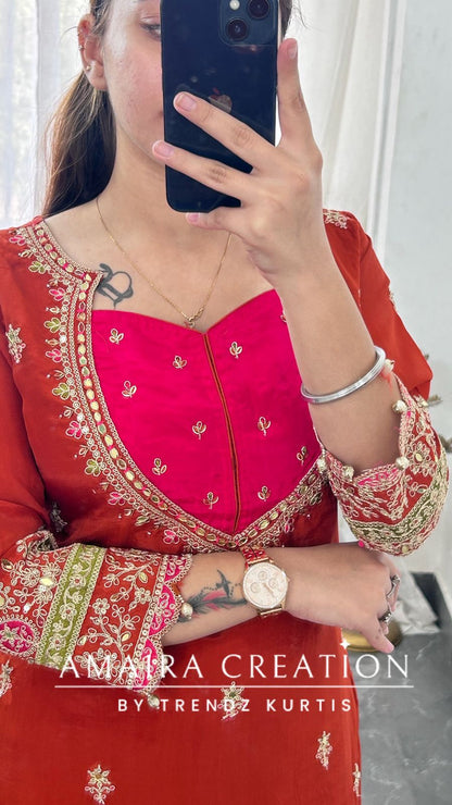 Premium Crepe Burster Neck Design Skirt Set With Beautiful Oragnaza Dual Shade Dupatta