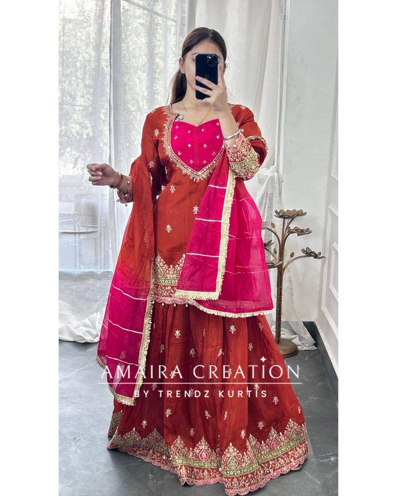 Premium Crepe Burster Neck Design Skirt Set With Beautiful Oragnaza Dual Shade Dupatta