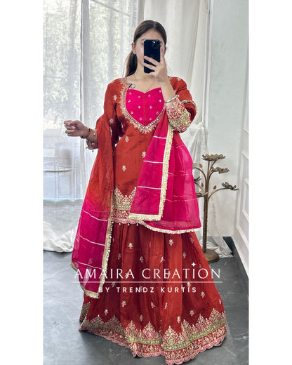 Premium Crepe Burster Neck Design Skirt Set With Beautiful Oragnaza Dual Shade Dupatta