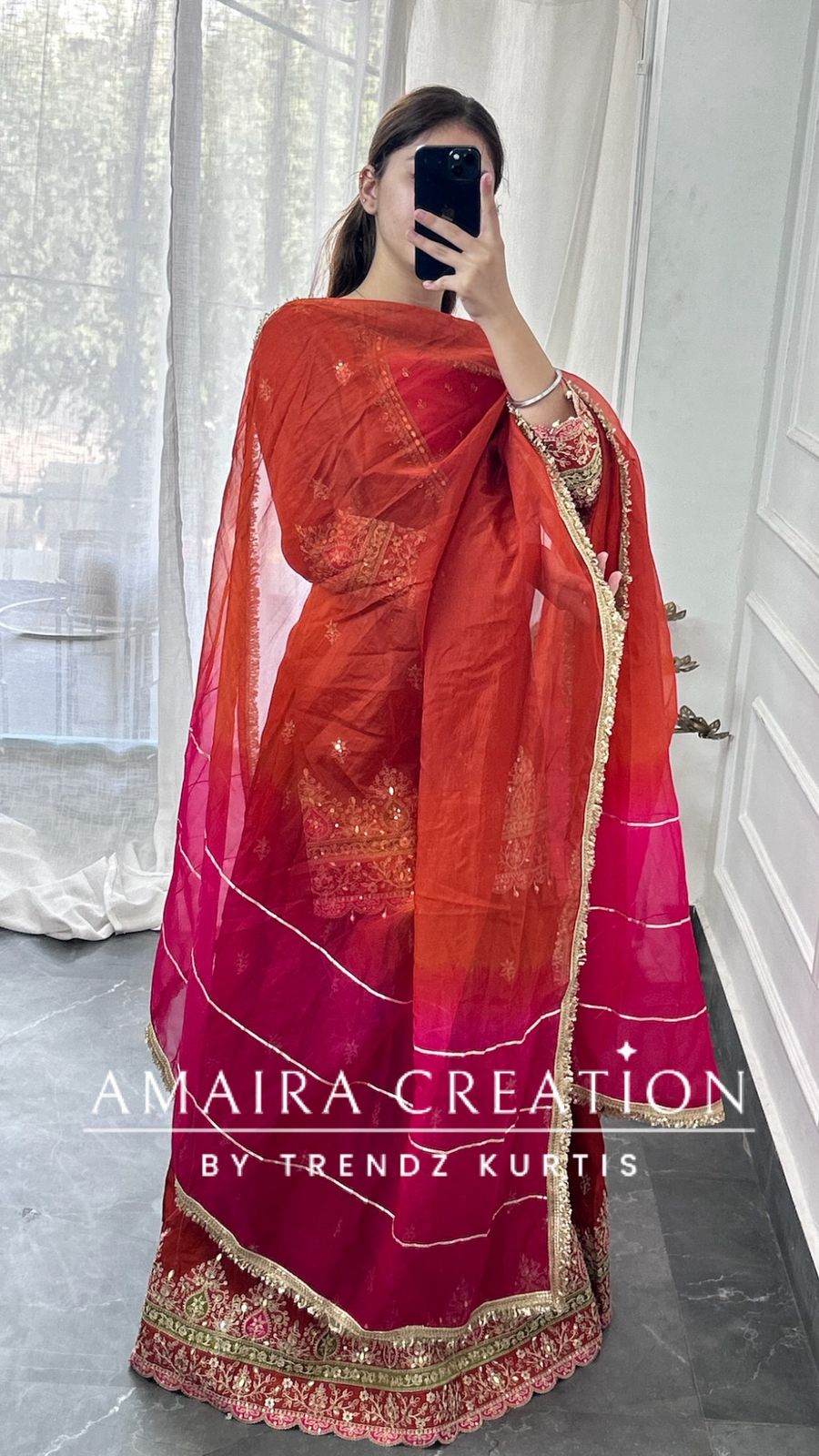 Premium Crepe Burster Neck Design Skirt Set With Beautiful Oragnaza Dual Shade Dupatta