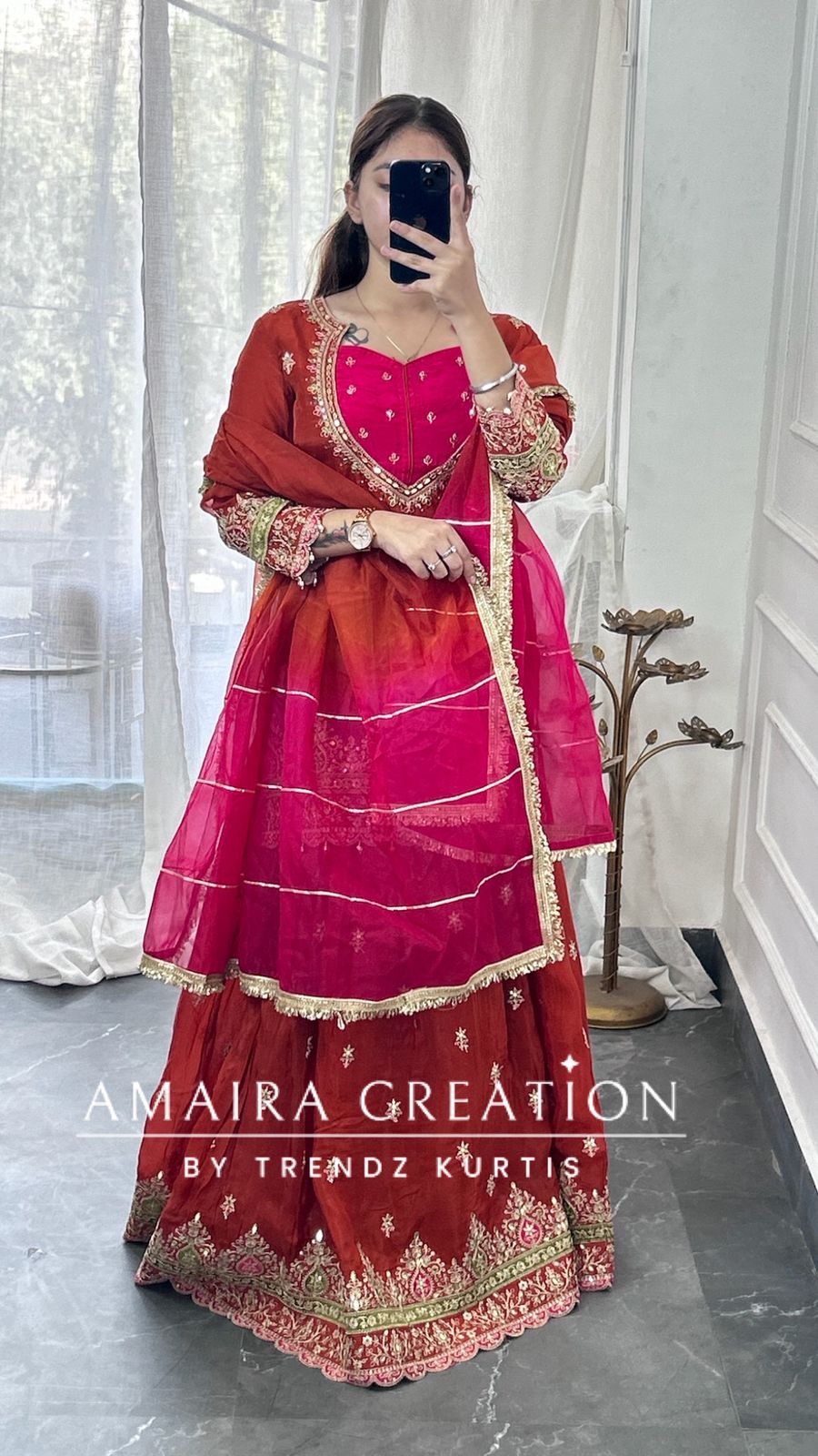 Premium Crepe Burster Neck Design Skirt Set With Beautiful Oragnaza Dual Shade Dupatta