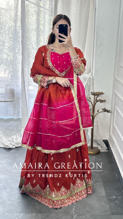 Premium Crepe Burster Neck Design Skirt Set With Beautiful Oragnaza Dual Shade Dupatta