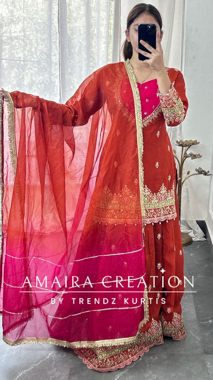 Premium Crepe Burster Neck Design Skirt Set With Beautiful Oragnaza Dual Shade Dupatta