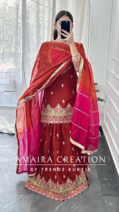 Premium Crepe Burster Neck Design Skirt Set With Beautiful Oragnaza Dual Shade Dupatta
