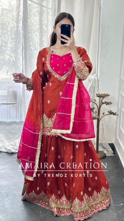 Premium Crepe Burster Neck Design Skirt Set With Beautiful Oragnaza Dual Shade Dupatta