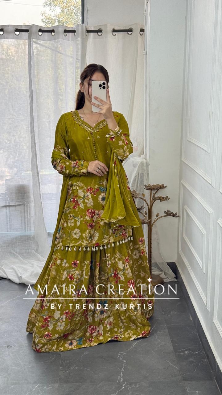 Premium Chinnon Green  Colour Skirt Set