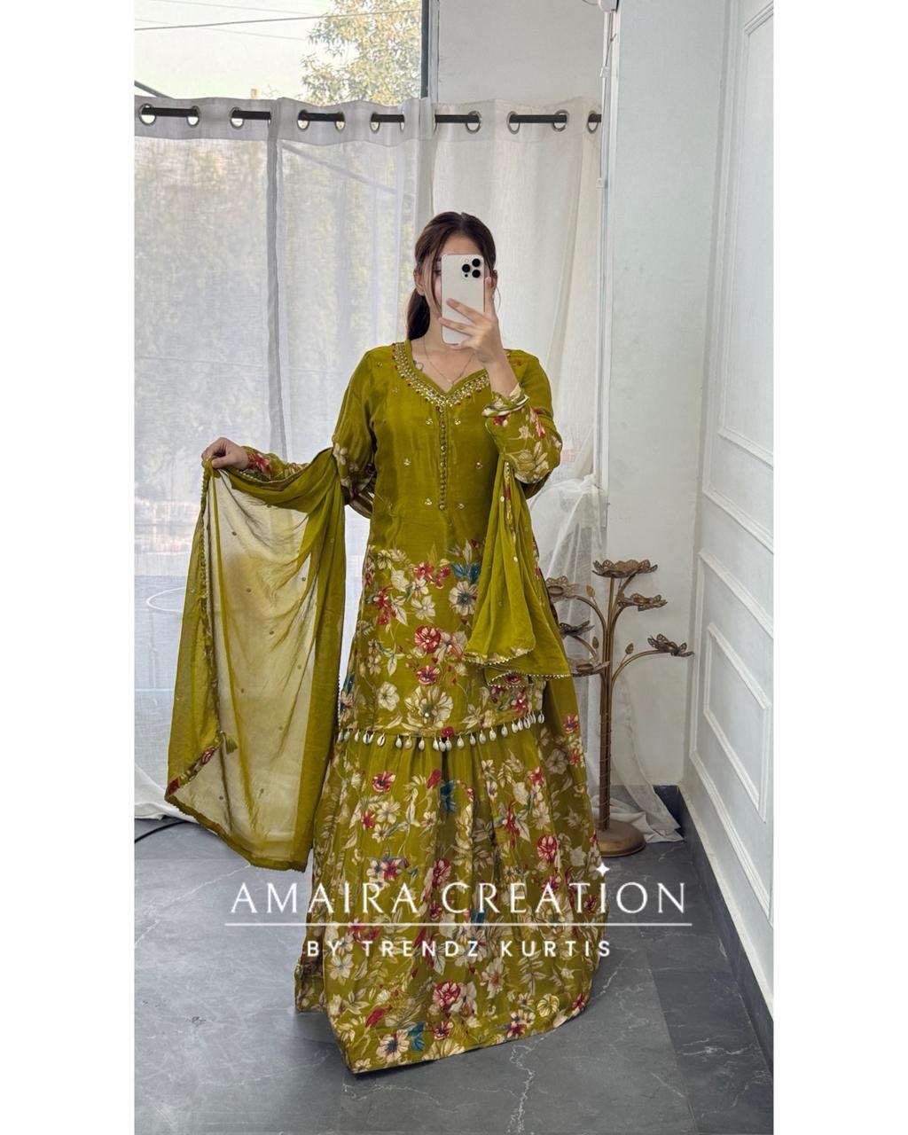 Premium Chinnon Green  Colour Skirt Set