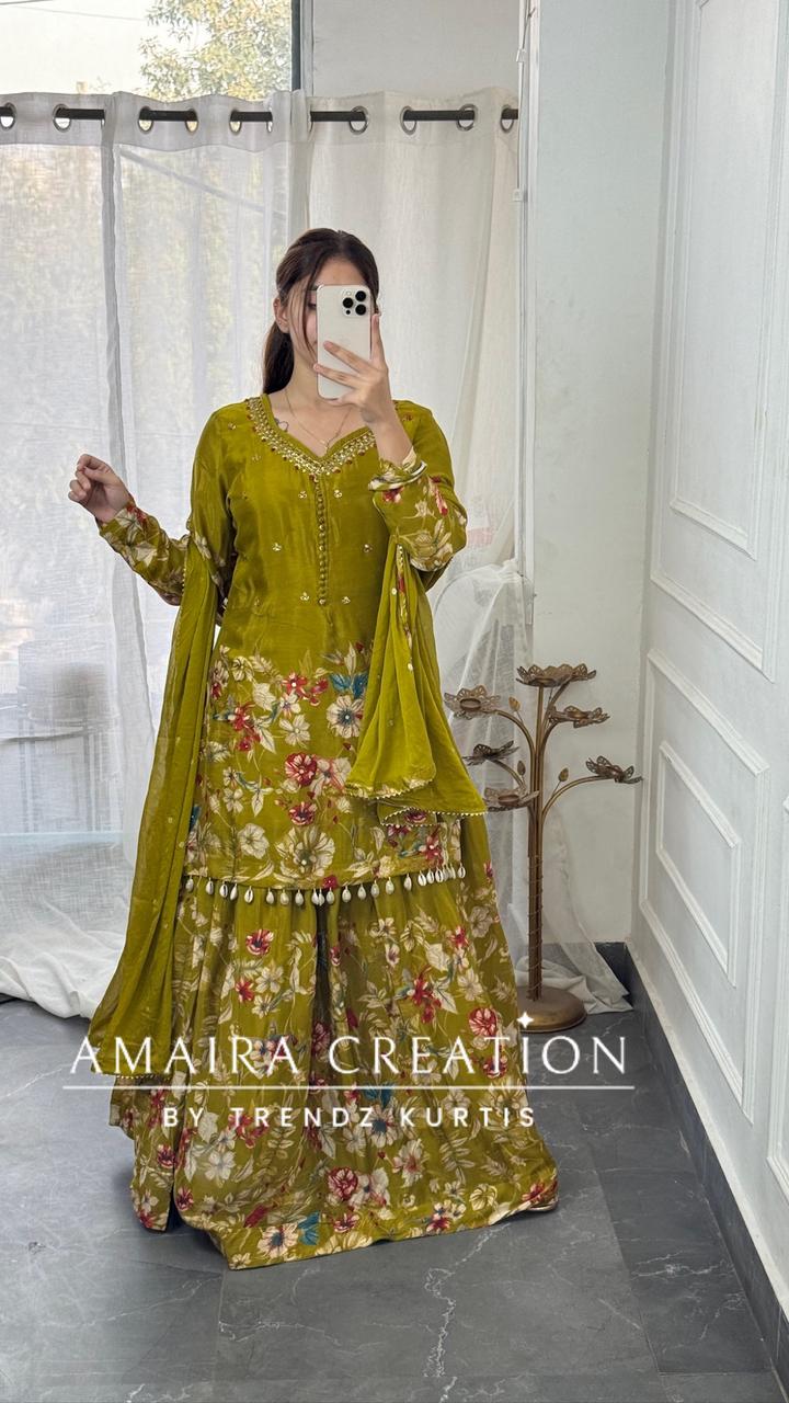 Premium Chinnon Green  Colour Skirt Set