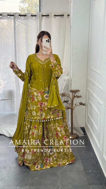 Premium Chinnon Green  Colour Skirt Set