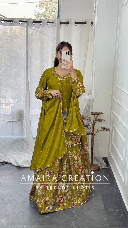 Premium Chinnon Green  Colour Skirt Set