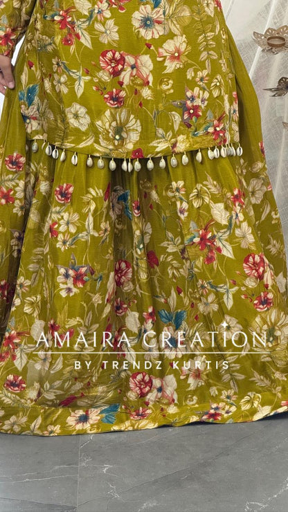 Premium Chinnon Green  Colour Skirt Set