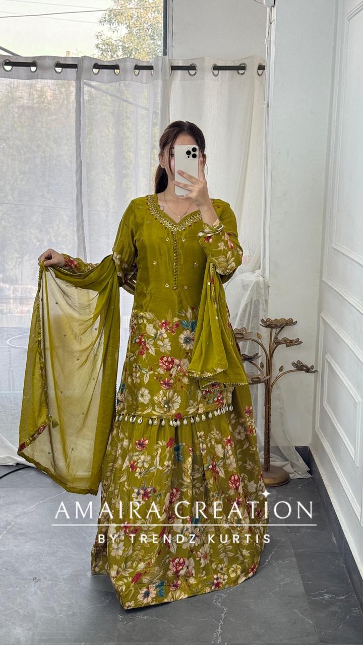 Premium Chinnon Green  Colour Skirt Set