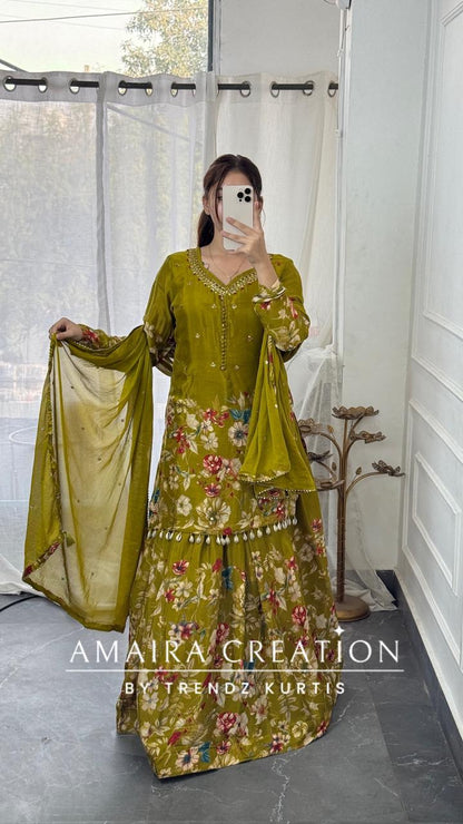 Premium Chinnon Green  Colour Skirt Set