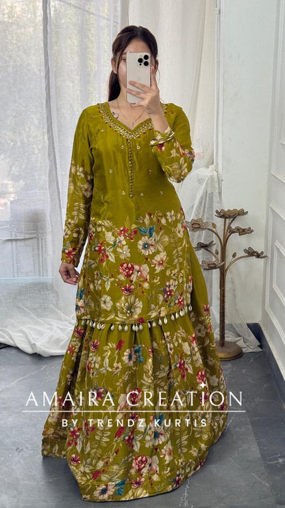 Premium Chinnon Green  Colour Skirt Set